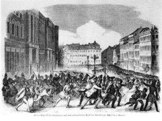 Insurrection in Berlin in April 1848, illustration from 'Illustrierte Zeitung' (engraving) (b/w photo) | Obraz na stenu