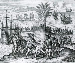 Francisco de Bobadilla arriving as Governor and arresting Christopher Columbus (1451-1506) in Hispaniola, 1500, 1590 (engraving) | Obraz na stenu