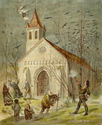 The Baron prooves himself a good shot, from 'The Adventures of Baron Munchausen' by Rudolf Erich Raspe (1736-94) published c.1886 (colour litho) | Obraz na stenu