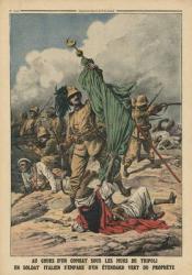 An Italian soldier seizing the green standard of Prophet Muhammed, illustration from 'Le Petit Journal', supplement illustre, 12th November 1911 (colour litho) | Obraz na stenu
