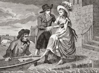 A young man hands a pretty young woman into a wherry which a young waterman, who is apparently standing in the water on the further side of the boat, holds against the landing-place. She raises her petticoats, the waterman stares at her legs. Engraved ben | Obraz na stenu