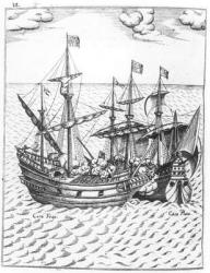 A Spanish Treasure Ship Plundered by Francis Drake (c.1540-96) in the Pacific (engraving) (b/w photo) | Obraz na stenu