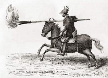 A medieval knight carrying a fire lance, or fire spear, one of the first gunpowder weapons in the world, from Les Merveilles de la Science, published c.1870 (engraving) | Obraz na stenu