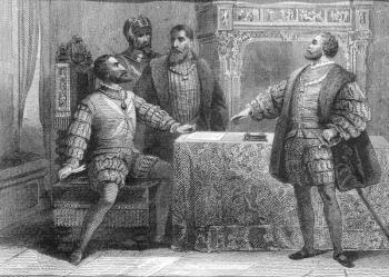 Carlos V of Spain (1500-58) and Francois I of France (1494-1547) signing the Treaty of Madrid, 14 January 1526 (engraving) | Obraz na stenu