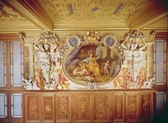 Galerie François I, Fresco depicting 'La Nymphe de Fontainebleau' (stuccoed, part of the ceiling and woodwork visible), after Rosso Fiorentino, Giovanni Battista (1494-1540), 1860 (fresco, stucco and woodwork) | Obraz na stenu