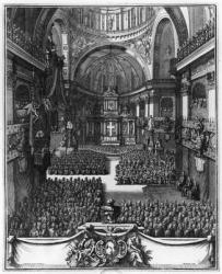 Funeral of Marie-Louise d'Orleans (1662-89) Queen of Spain, at the church St. Paul St. Louis, Paris, illustration from 'Recueil d'ornements', engraved by Juan Dolivar (1641-92) late 17th century (engraving) (b/w photo) | Obraz na stenu