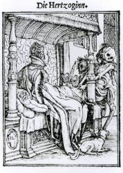 Death and the Lady, from 'The  Dance of Death', engraved by Hans Lutzelburger, c.1538 (woodcut) (b/w photo) | Obraz na stenu
