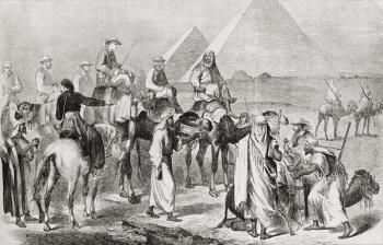 Victorian tourists at the pyramids of Giza, Egypt in the nineteenth century. From Edward VII His Life and Times, published 1910. | Obraz na stenu