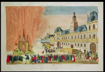 Fireworks in front of the Hotel de Ville in Paris celebrating the Peace of Versailles, 1783 (coloured engraving) | Obraz na stenu