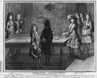 Louis XIV playing billiards with his brother, Monsieur, his nephew the duc de Chartres , his son, the Comte de Toulouse and other relatives and courtiers, the duc de Vendome, Monsieur d'Armagnac and Monsieur de Chamillart, 1694 (engraving) | Obraz na stenu