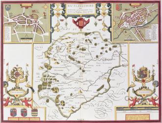 Rutlandshire with Oukham and Stanford, engraved by Jodocus Hondius (1563-1612) from John Speed's 'Theatre of the Empire of Great Britain', pub. by John Sudbury and George Humble, 1611-12 (hand coloured copper engraving) | Obraz na stenu