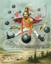 Baron Munchausen riding a cannonball during the fight with Tippoo, from 'The Adventures of Baron Munchausen' by Rudolf Erich Raspe (1736-94) published c.1886 (colour litho) | Obraz na stenu