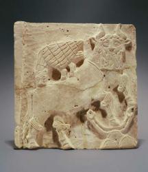 Plaque depicting a lion attacking a bull, from Iraq, c.2000 BC (terracotta) | Obraz na stenu