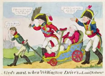 'Need's Must when Wellington Drive's or Louis' Return', caricature depicting Louis XVIII (1755-1824) in a carriage driven by the Duke of Wellington (1769-1852) and pulled by Emperor Napoleon (1769-1821) (coloured engraving) | Obraz na stenu