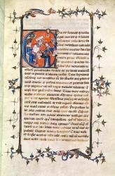 Ms.239 fol.1 Page with a historiated Initial depicting a seated man before the Wheel of Fortune, from 'De Remediis Utriusque Fortunae' by Petrarch (1304-74) (vellum) | Obraz na stenu