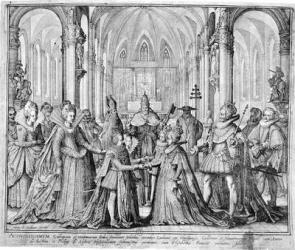 The Double Marriage in 1615 of Louis XIII (1601-43) to Anne of Austria (1601-66) and Philip of Austria (1605-65) future Philip IV of Spain to Elizabeth of France (1602-44) (engraving) | Obraz na stenu