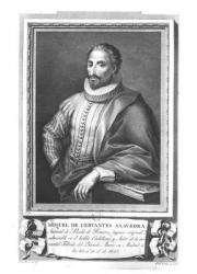 Portrait of Miguel de Cervantes Saavedra (1547-1616) engraved by Fernando Selma (1752-1810) (engraving) (b/w photo) | Obraz na stenu