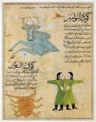 Ms E-7 fol.23a The Constellations of the Bull, the Twins and the Crab, illustration from 'The Wonders of the Creation and the Curiosities of Existence' by Zakariya'ibn Muhammad al-Qazwini (gouache on paper) | Obraz na stenu