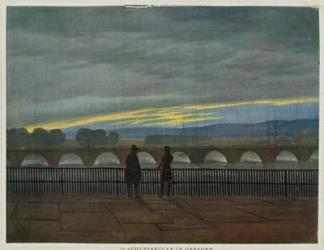 August Bridge in Dresden (colour lithograph) 88:original painting is lost (burnt); 99:Augustbruecke; German landscape; view; sunset; sky; leaning; river; Romanticist; dusk; bridge; evening; looking out; | Obraz na stenu
