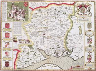 Hantshire, engraved by Jodocus Hondius (1563-1612) from John Speed's 'Theatre of the Empire of Great Britain', pub. by John Sudbury and George Humble, 1611-12 (hand coloured copper engraving) | Obraz na stenu