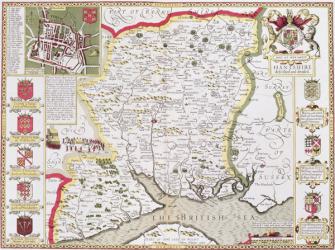 Hantshire, engraved by Jodocus Hondius (1563-1612) from John Speed's 'Theatre of the Empire of Great Britain', pub. by John Sudbury and George Humble, 1611-12 (hand coloured copper engraving) | Obraz na stenu