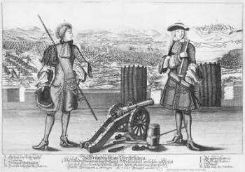 Charles V, Duke of Lorraine and Bar, with an engineer, at the battle of Neuhausel against the Turks in July and August 1685 (engraving) (b/w photo) | Obraz na stenu