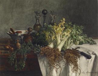 Still Life on Kitchen Table with Celery, Parsley, Bowl and Cruets, 1865 (w/c and pen & ink on paper) | Obraz na stenu