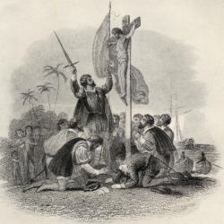 Columbus (1451-1506) landing in the New World, illustration in 'The Quest of The Indies', published 1920 (litho) | Obraz na stenu