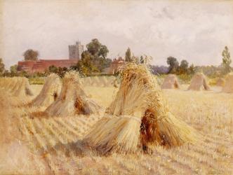 Corn Stooks by Bray Church, 1872 (oil on paper laid on board) | Obraz na stenu