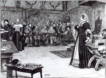 Trial of Mary Queen of Scots (1542-87) in Fotheringhay Castle (engraving) (b/w photo) | Obraz na stenu