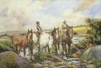 Horses Watering (w/c on paper) | Obraz na stenu