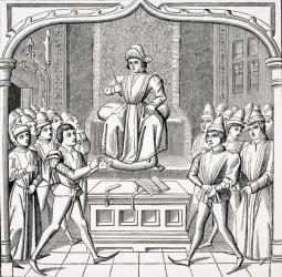 The Judicial Duel - The Plaintiff Opens His Case Before a Judge, after a miniature in the 15th century manuscript 'Ceremonies des Gages des Batailles', from 'Le Moyen Age et la Renaissance' by Paul Lacroix (1806-84) published 1847 (litho) | Obraz na stenu