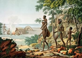 Port Jackson, New Holland: Aboriginal Family, from 'Voyage Autour du Monde sur les Corvettes de L'Uranie' engraved by Boisseau and Forget, published 1817-20 (coloured engraving) | Obraz na stenu