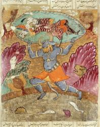 Rostam carried by Akwan-Diwa, illustration from the 'Shahnama' (Book of Kings) by Abu'l-Qasim Manur Firdawsi (c.934-c.1020) 1619 (gouache on paper) | Obraz na stenu