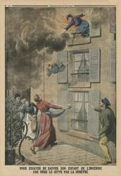 Trying to save her child from the fire, a mother throws him through the window, back cover illustration from 'Le Petit Journal', supplement illustre, 9th March 1913 (colour litho) | Obraz na stenu