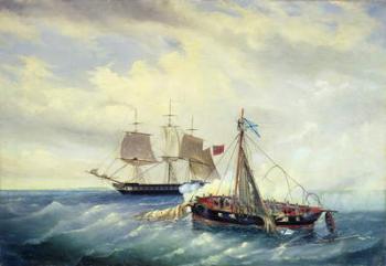 Battle between the Russian ship Opyt and a British frigate, off the coast of Nargen Island, 11th July 1808, 1889 (oil on canvas) | Obraz na stenu
