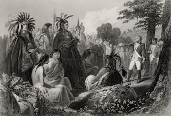 General Burgoyne addressing the Indians. General John Burgoyne, 1723-1792. British General and playwright. From a 19th century print engraved by J C Armytage after H Warren | Obraz na stenu