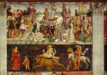 Triumph of Venus and Sign of Taurus, scenes from Month of April, ca 1470, by Francesco del Cossa (ca 1435-1477), fresco, east wall, Hall of the Months, Palazzo Schifanoia (Palace of Joy), Ferrara, Emilia-Romagna. Italy, 15th century. | Obraz na stenu