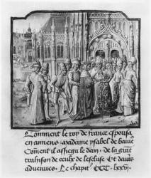 T.2 fol.311v Marriage of Charles VI (1368-1422) King of France and Isabella of Bavaria (1371-1435) at Amiens, from Froissart's Chronicle, 1472 (vellum) (b/w photo) | Obraz na stenu