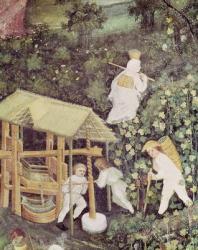 The Month of October, detail of grape-pickers pressing grapes, c.1400 (fresco) | Obraz na stenu