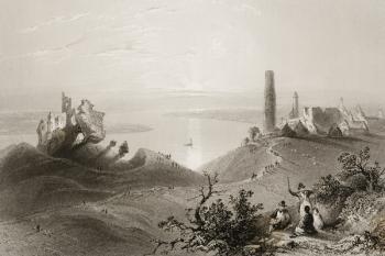View of the 'Seven Churches of Clonmacnois', County Offaly, Ireland, from 'Scenery and Antiquities in Ireland' by George Virtue, 1860s (engraving) | Obraz na stenu