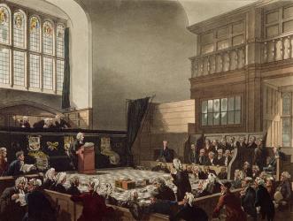 Court of Exchequer, Westminster Hall, from 'The Microcosm of London', engraved by J. C. Stadler (fl.1780-1812), pub. by R. Ackermann (1764-1834) 1808 (coloured aquatint) | Obraz na stenu