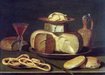 Still Life with bread, cheese, wine and pretzels (oil on canvas) | Obraz na stenu