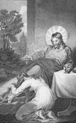 Mary Anointing The Saviour's Feet, from 'The History and Life of Our Blessed Lord and Saviour Jesus Christ', by Reverend J. Milner, published by B. Crosby, 1808 (engraving) | Obraz na stenu