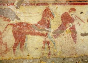 Two horses and a a musician, from the Tomb of the Giustiniani, mid 5th century BC (wall painting) | Obraz na stenu