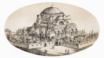 Aya Sofya Camii or St Sophia Basilika, Istanbul, Turkey, after a mid-19th century illustration, from L'Histoire Universelle Ancienne et Moderne, published in Strasbourg c.1860 (coloured engraving) | Obraz na stenu