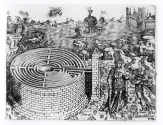 The Legend of Theseus with a detail of the Cretan Labyrinth (engraving) (b/w photo) | Obraz na stenu