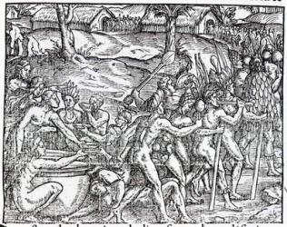 Procession of natives drinking and smoking, engraved by Theodor de Bry (1525-75) (engraving) (b/w photo) | Obraz na stenu