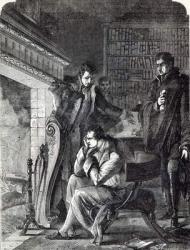 Napoleon brooding by the fire the night before his Abdication and Departure from Fontainebleau on 20th April 1814 (engraving) | Obraz na stenu