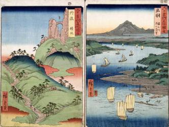A landscape and seascape, two views from the series '60-Odd Famous Views of the Provinces', pub. by Kosheihei, 1853, (colour woodblock print) | Obraz na stenu